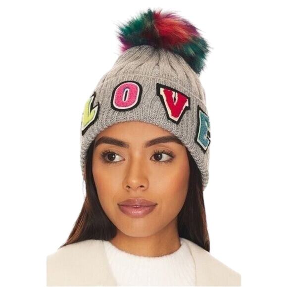NWT Jocelyn Faux Fur Pom Multi-Color Rainbow “LOVE” Beanie - Picture 1 of 7